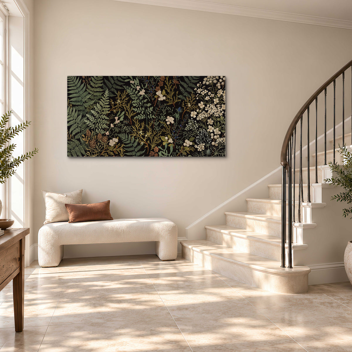 Layered green ferns and delicate cream flowers on a black background single canvas wall art styled in an interior