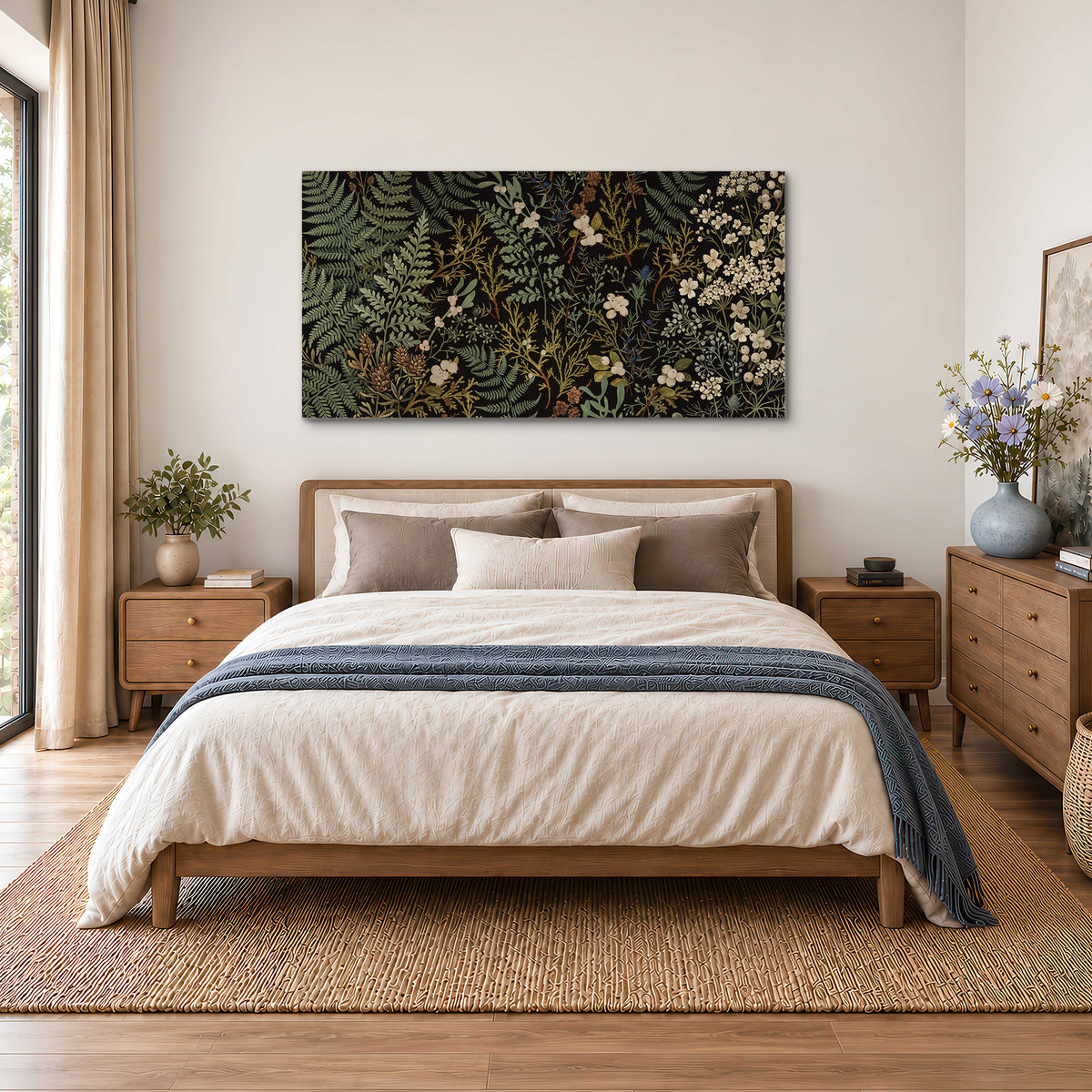 Layered green ferns and delicate cream flowers on a black background single canvas wall art styled in an interior