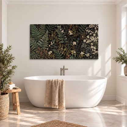 Layered green ferns and delicate cream flowers on a black background single canvas wall art styled in an interior
