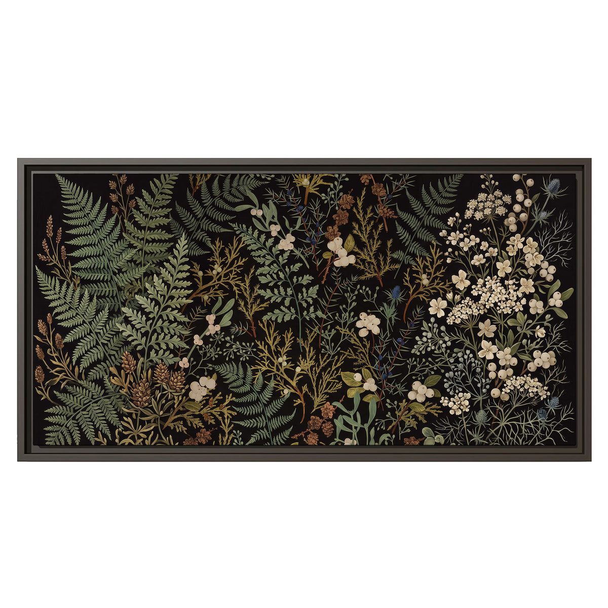 Layered green ferns and delicate cream flowers on a black background single framed canvas wall art viewed straight on