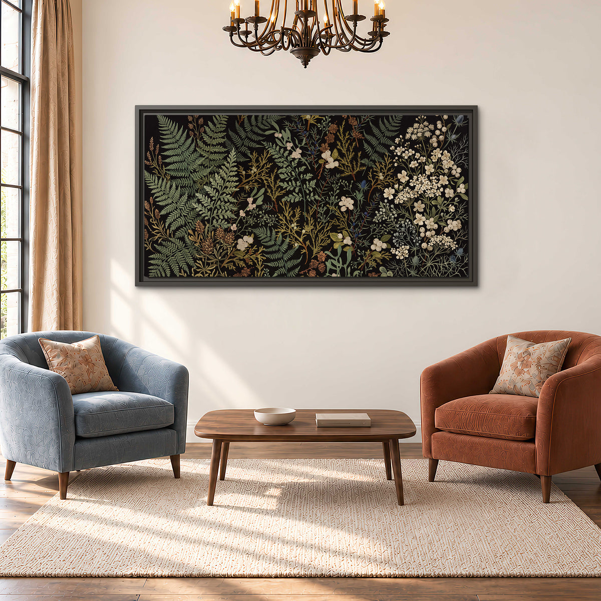 Layered green ferns and delicate cream flowers on a black background single framed canvas wall art styled in an interior
