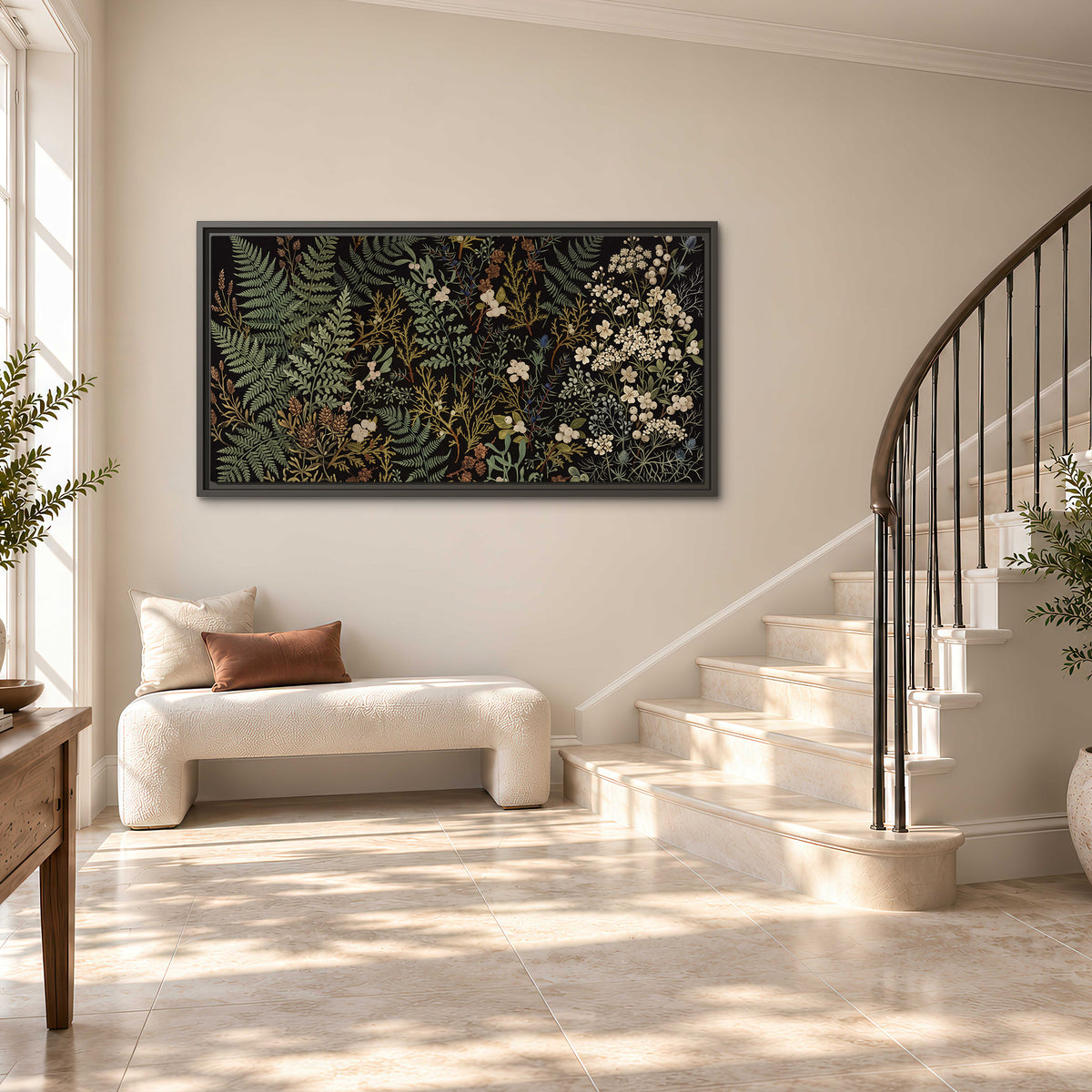 Layered green ferns and delicate cream flowers on a black background single framed canvas wall art styled in an interior