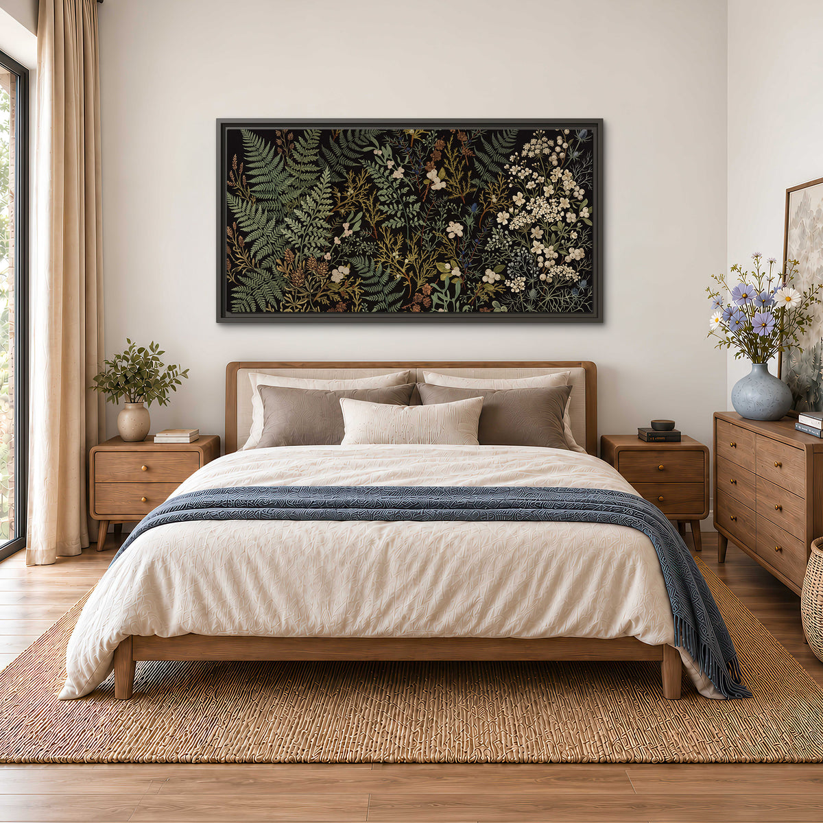 Layered green ferns and delicate cream flowers on a black background single framed canvas wall art styled in an interior