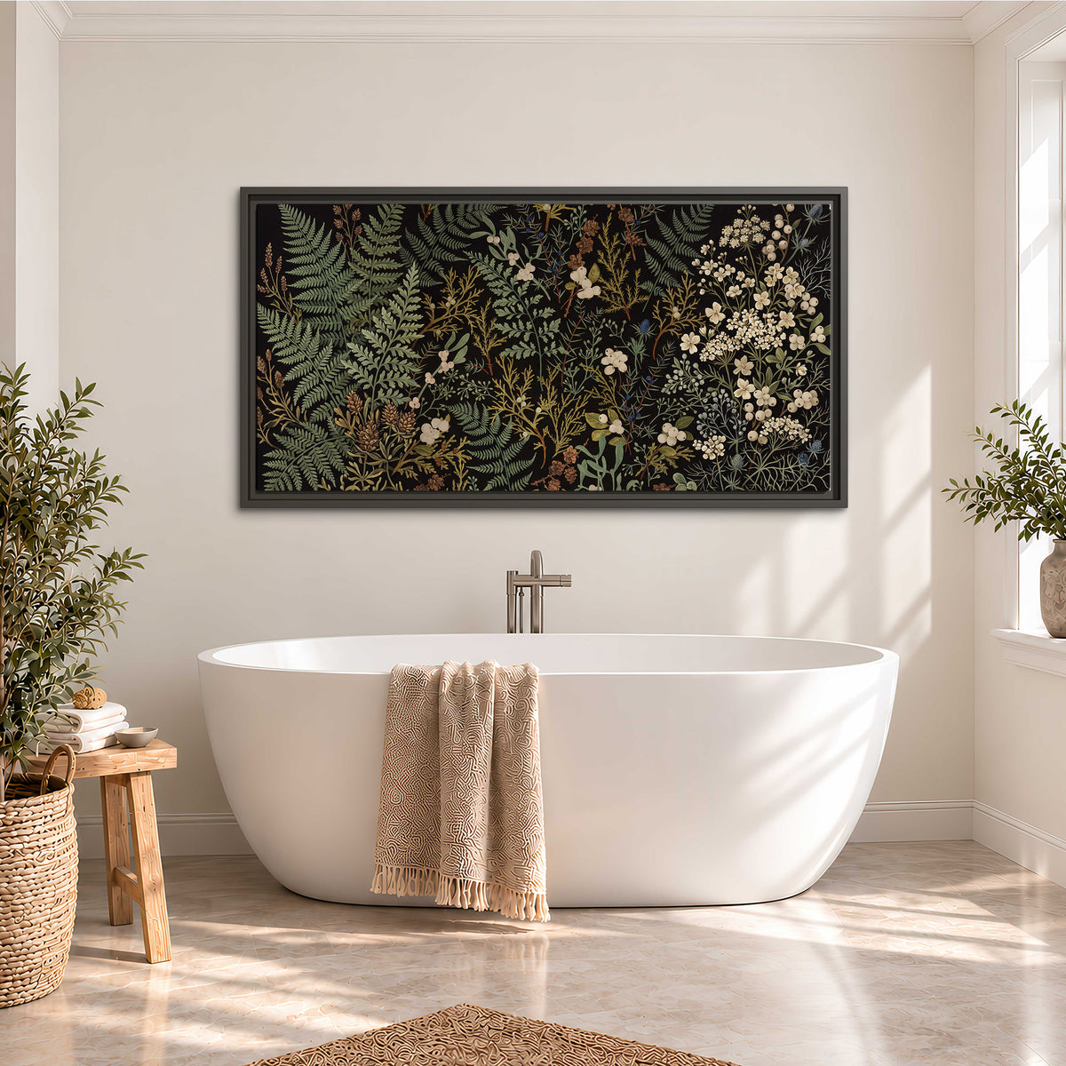 Layered green ferns and delicate cream flowers on a black background single framed canvas wall art styled in an interior