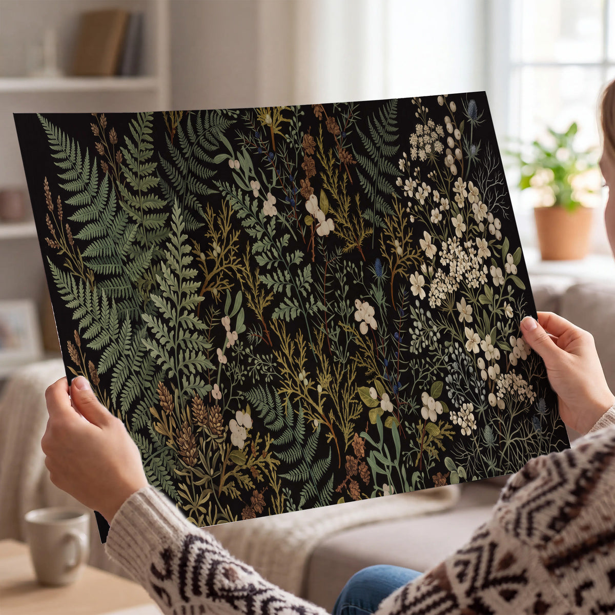 Layered green ferns and delicate cream flowers on a black background single poster print held in hands