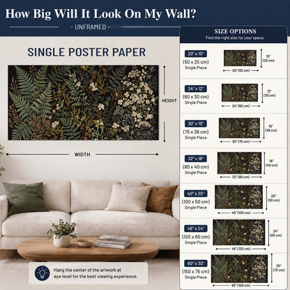 Layered green ferns and delicate cream flowers on a black background single poster print size guide above a sofa; room view is illustrative