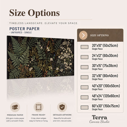 Layered green ferns and delicate cream flowers on a black background single poster print available dimensions
