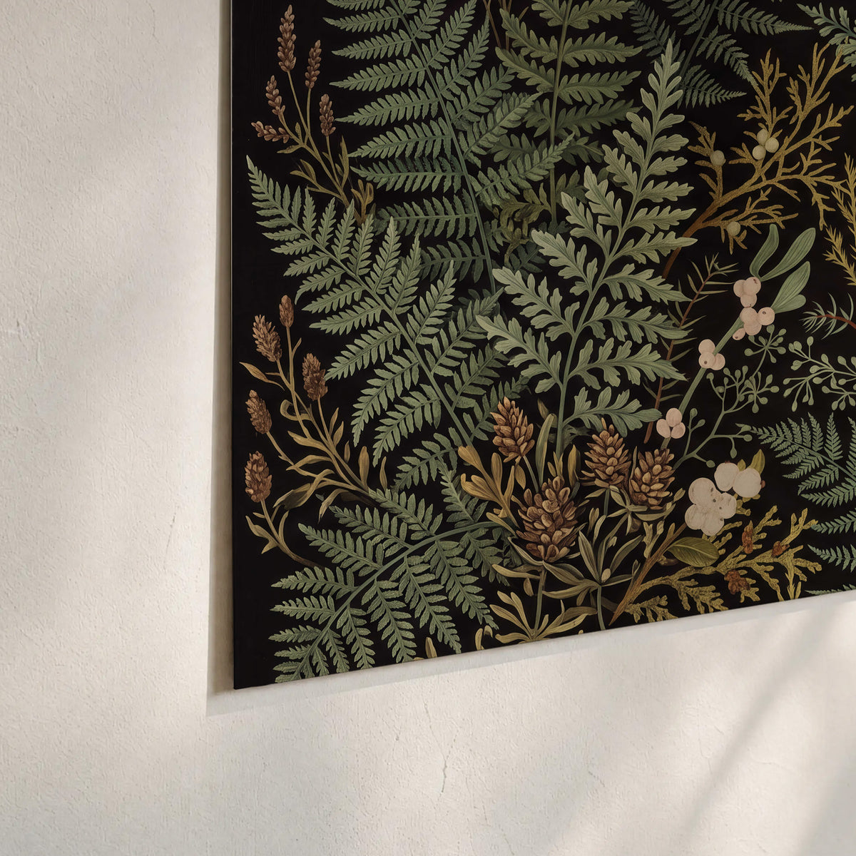Layered green ferns and delicate cream flowers on a black background set of 3 poster prints material and edge close up
