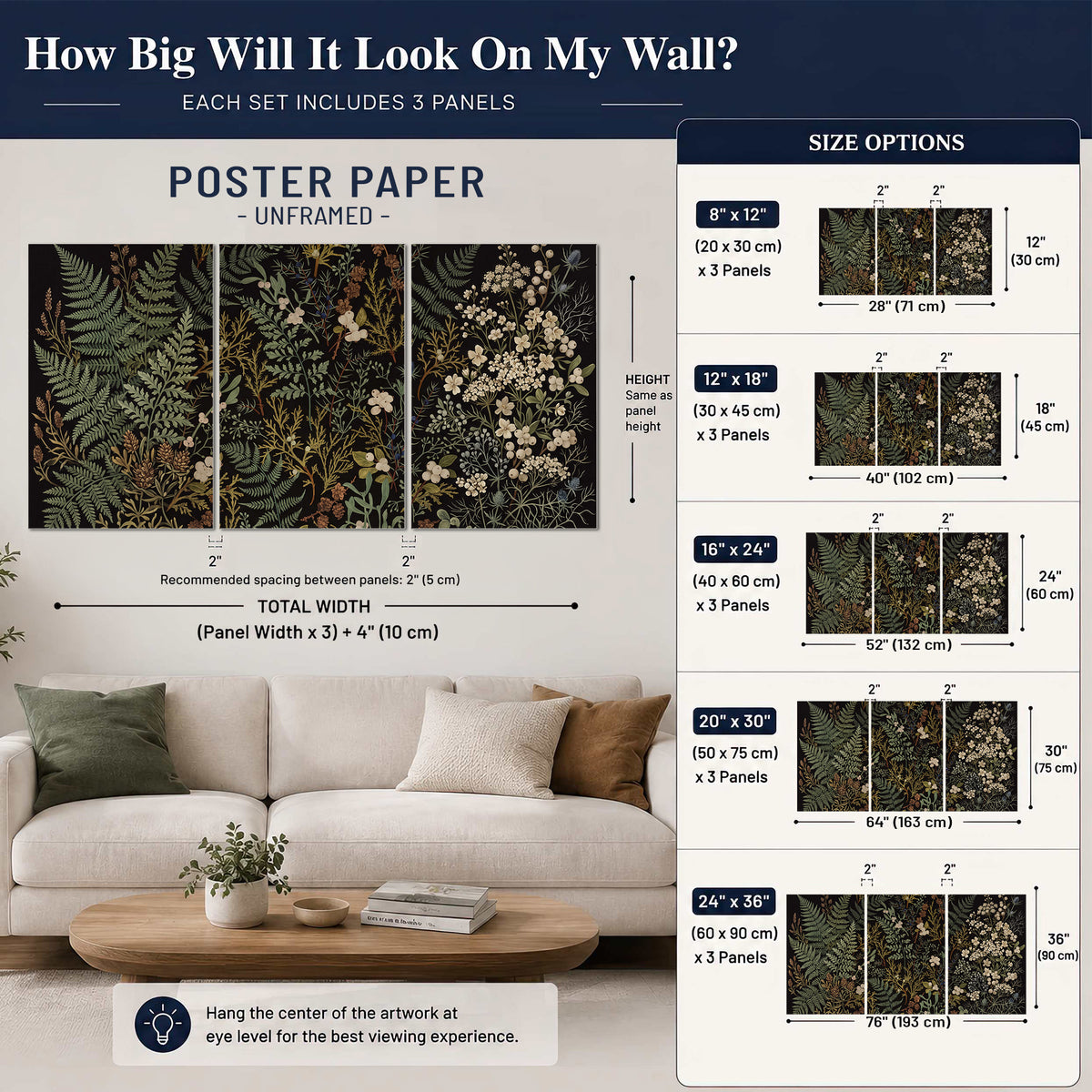 Layered green ferns and delicate cream flowers on a black background set of 3 poster prints size guide above a sofa; room view is illustrative