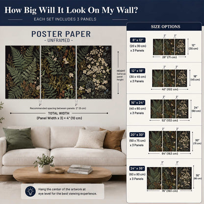 Layered green ferns and delicate cream flowers on a black background set of 3 poster prints size guide above a sofa; room view is illustrative
