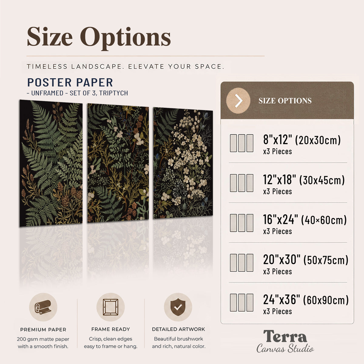 Layered green ferns and delicate cream flowers on a black background set of 3 poster prints available dimensions; triptych dimensions are per panel