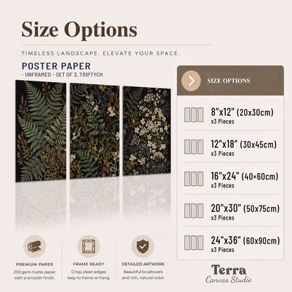 Layered green ferns and delicate cream flowers on a black background set of 3 poster prints available dimensions; triptych dimensions are per panel