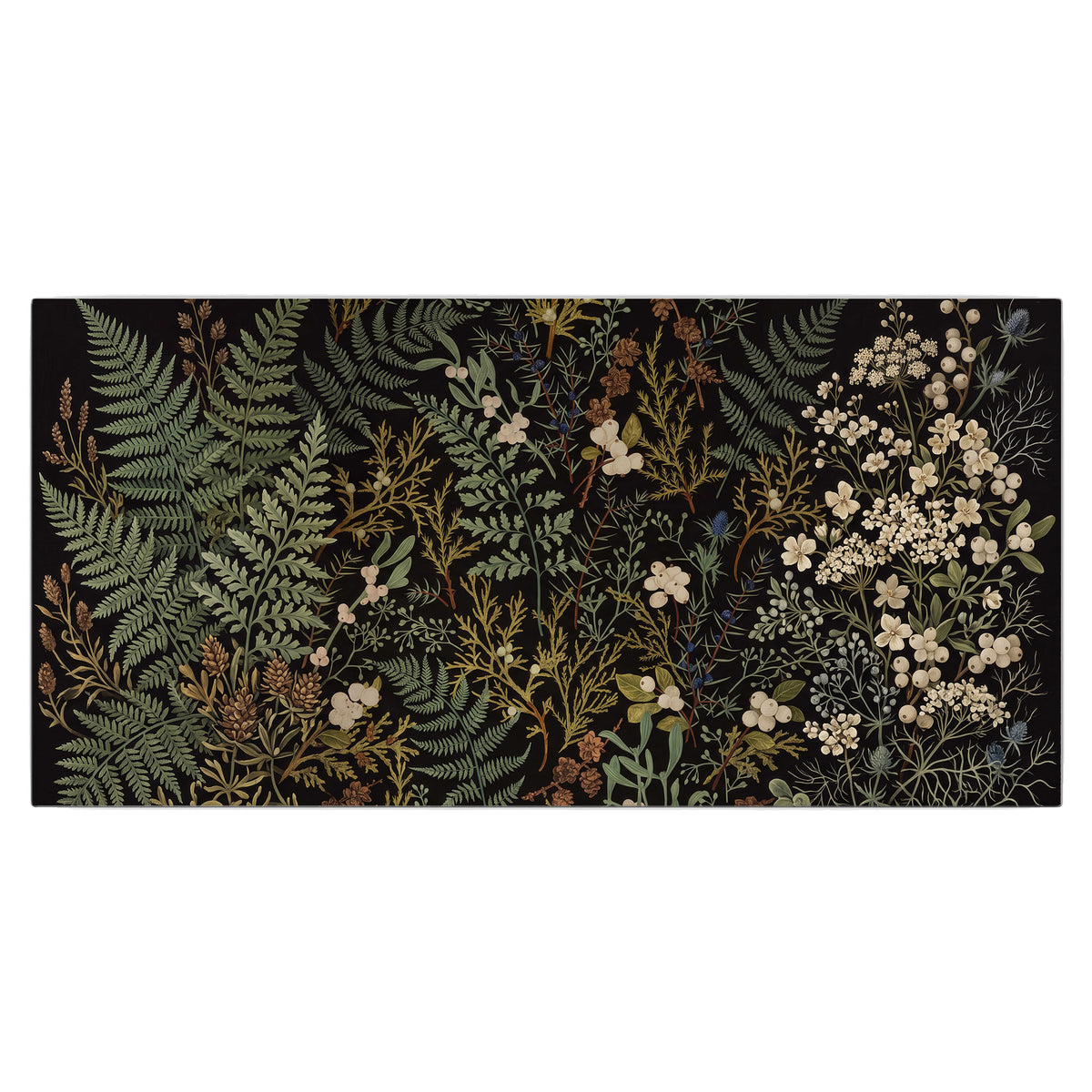 Layered green ferns and delicate cream flowers on a black background single canvas wall art viewed straight on