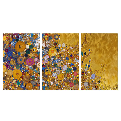 Colorful circular floral motifs against a rich gold-colored field 3 piece canvas wall art viewed straight on