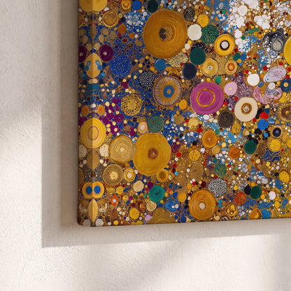 Colorful circular floral motifs against a rich gold-colored field 3 piece canvas wall art material and edge close up