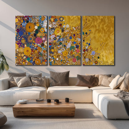 Colorful circular floral motifs against a rich gold-colored field 3 piece canvas wall art displayed in a living room