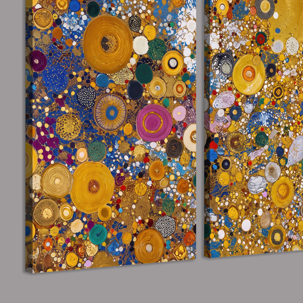 Colorful circular floral motifs against a rich gold-colored field 3 piece canvas wall art room and product view