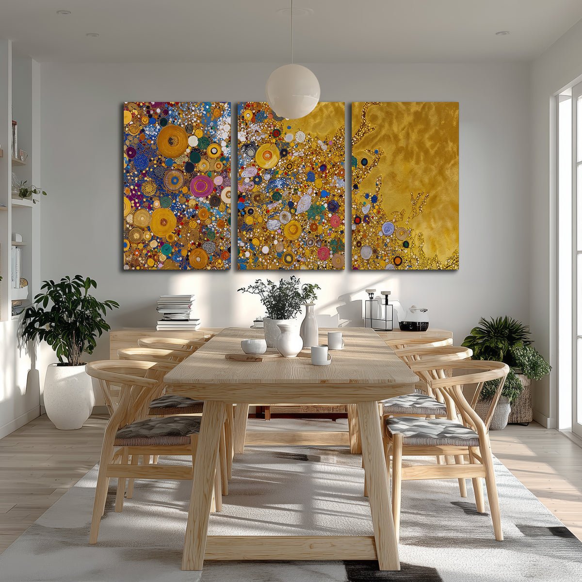 Colorful circular floral motifs against a rich gold-colored field 3 piece canvas wall art room and product view