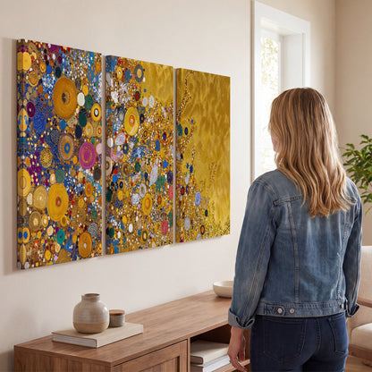 Colorful circular floral motifs against a rich gold-colored field 3 piece canvas wall art three panel arrangement on a wall