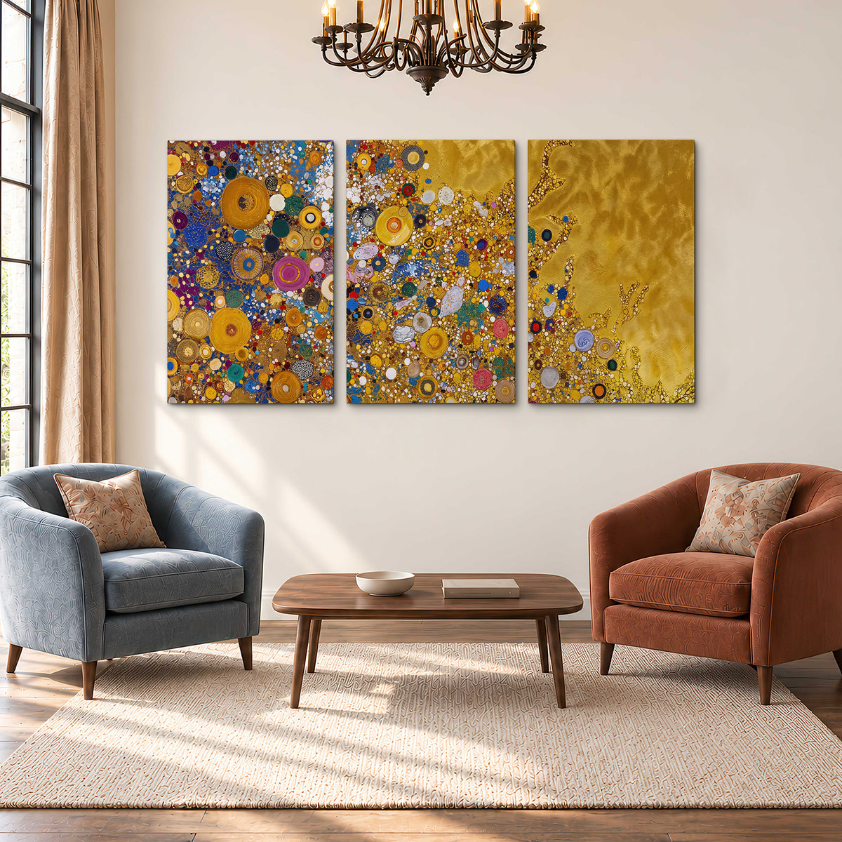 Colorful circular floral motifs against a rich gold-colored field 3 piece canvas wall art styled in an interior