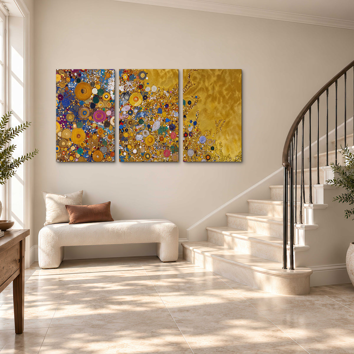 Colorful circular floral motifs against a rich gold-colored field 3 piece canvas wall art styled in an interior