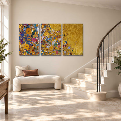 Colorful circular floral motifs against a rich gold-colored field 3 piece canvas wall art styled in an interior