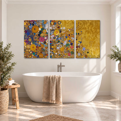 Colorful circular floral motifs against a rich gold-colored field 3 piece canvas wall art styled in an interior