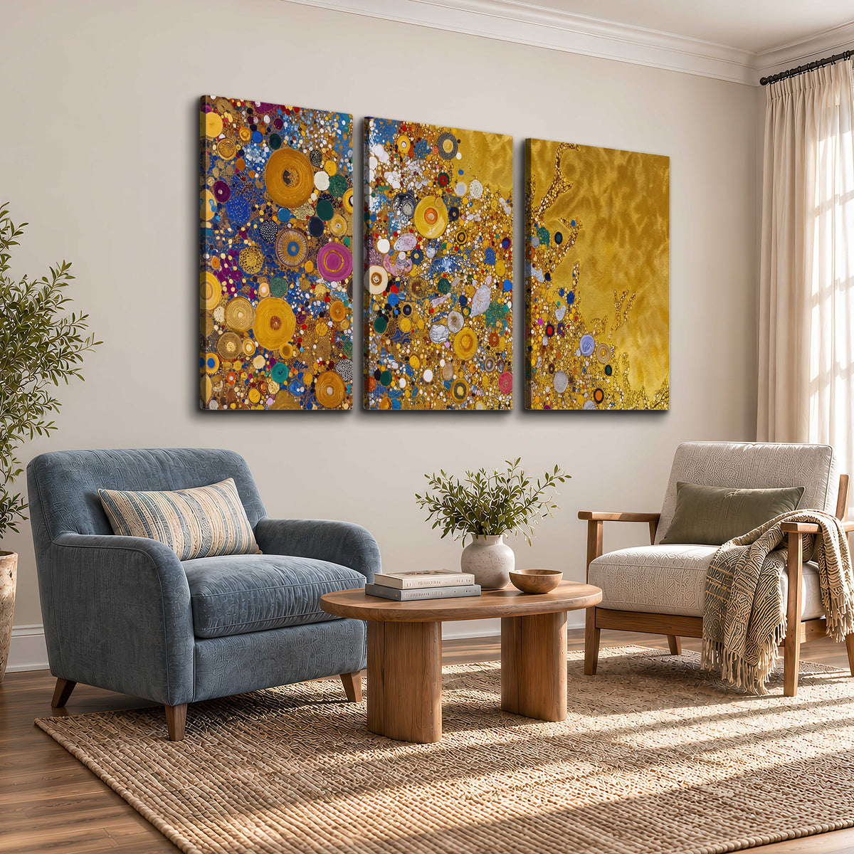 Colorful circular floral motifs against a rich gold-colored field 3 piece canvas wall art styled in an interior