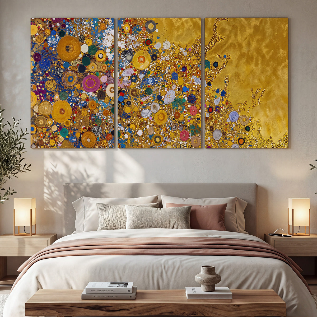 Colorful circular floral motifs against a rich gold-colored field 3 piece canvas wall art displayed in a bedroom