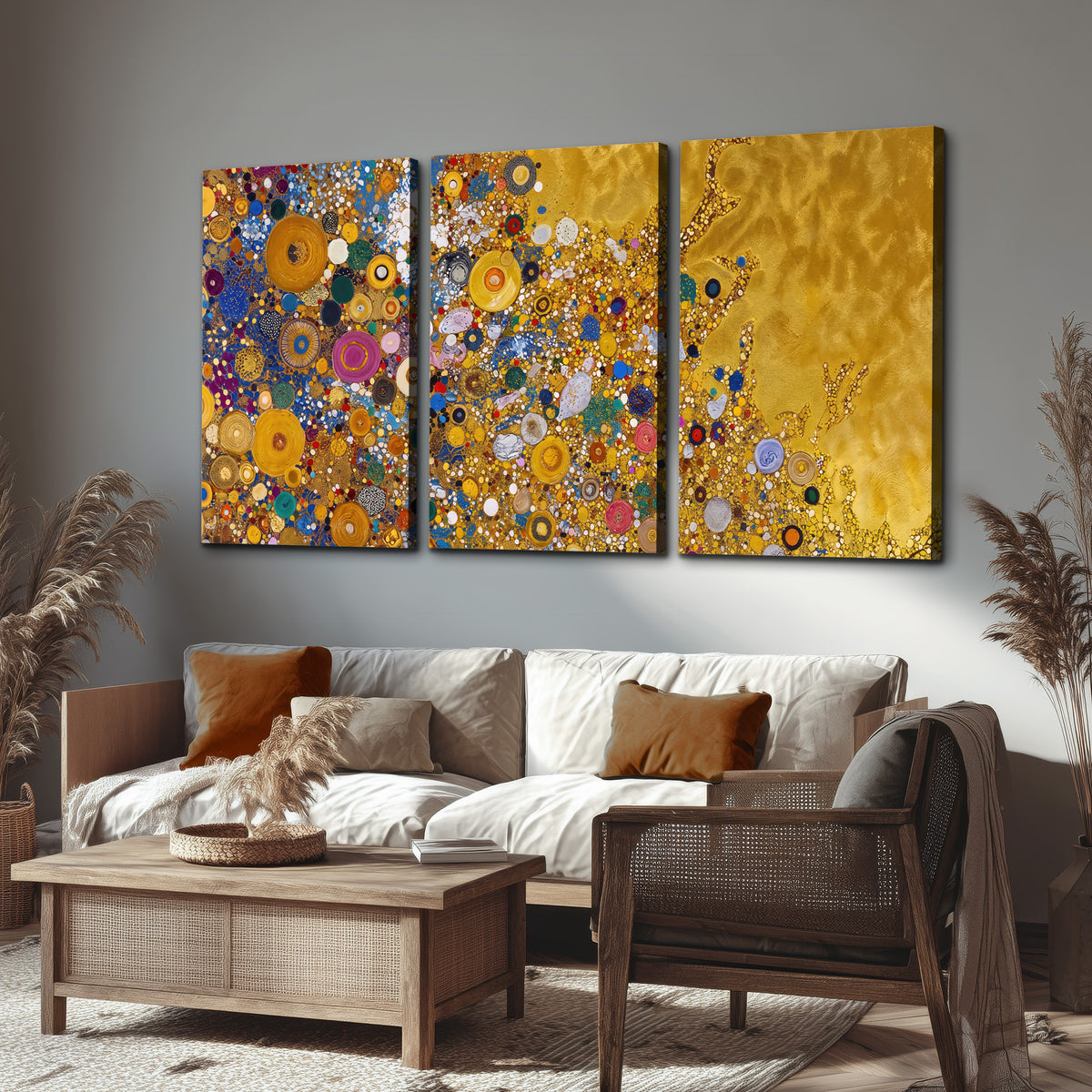 Colorful circular floral motifs against a rich gold-colored field 3 piece canvas wall art displayed in a rustic living room