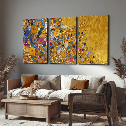 Colorful circular floral motifs against a rich gold-colored field 3 piece canvas wall art displayed in a rustic living room