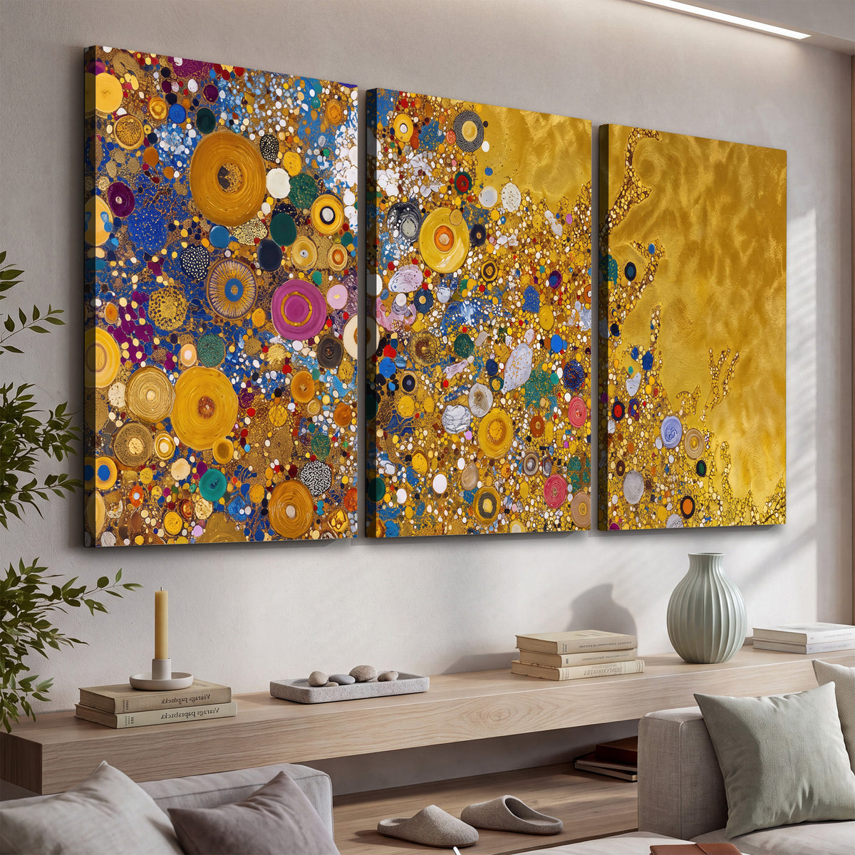 Colorful circular floral motifs against a rich gold-colored field 3 piece canvas wall art displayed in a console