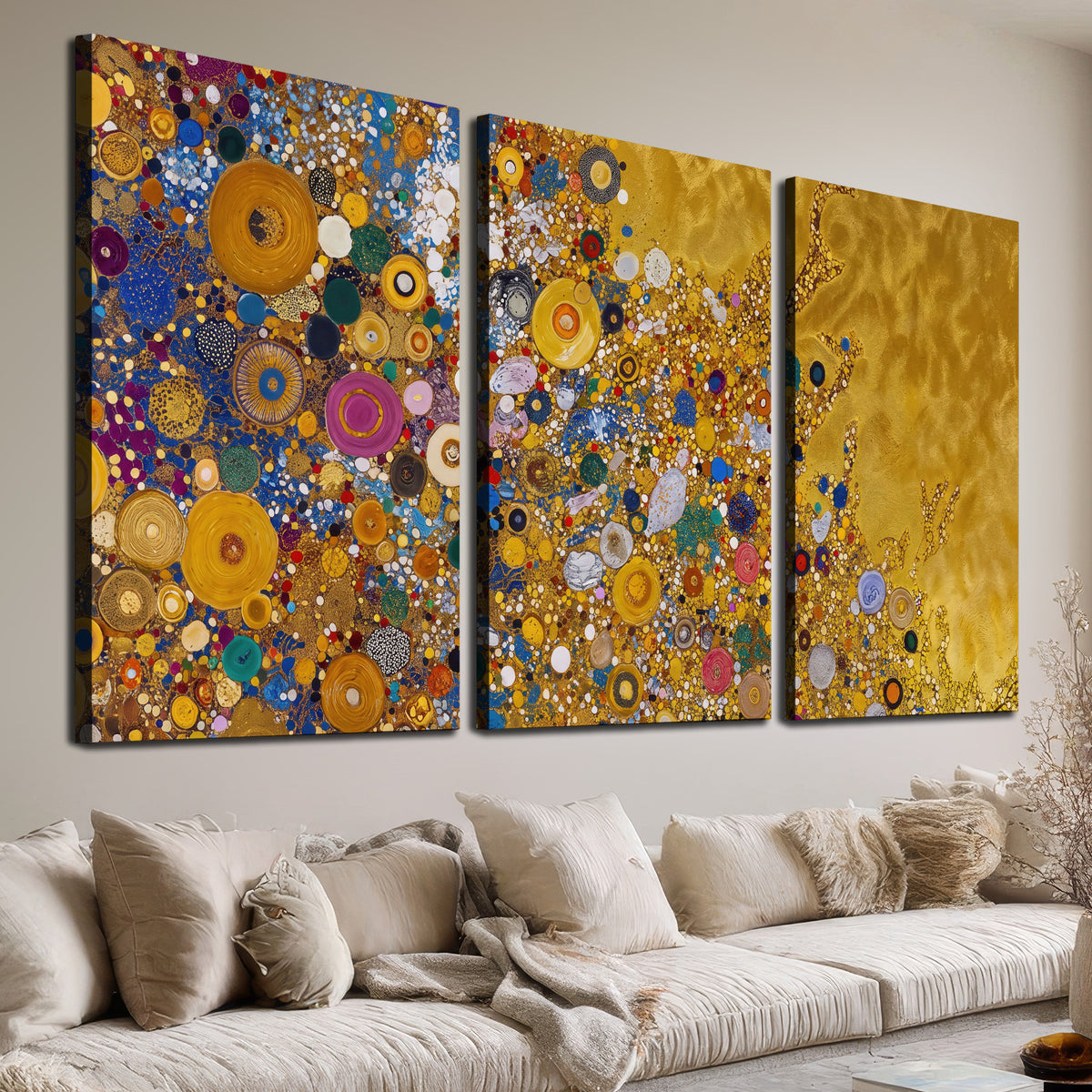Colorful circular floral motifs against a rich gold-colored field 3 piece canvas wall art room and product view