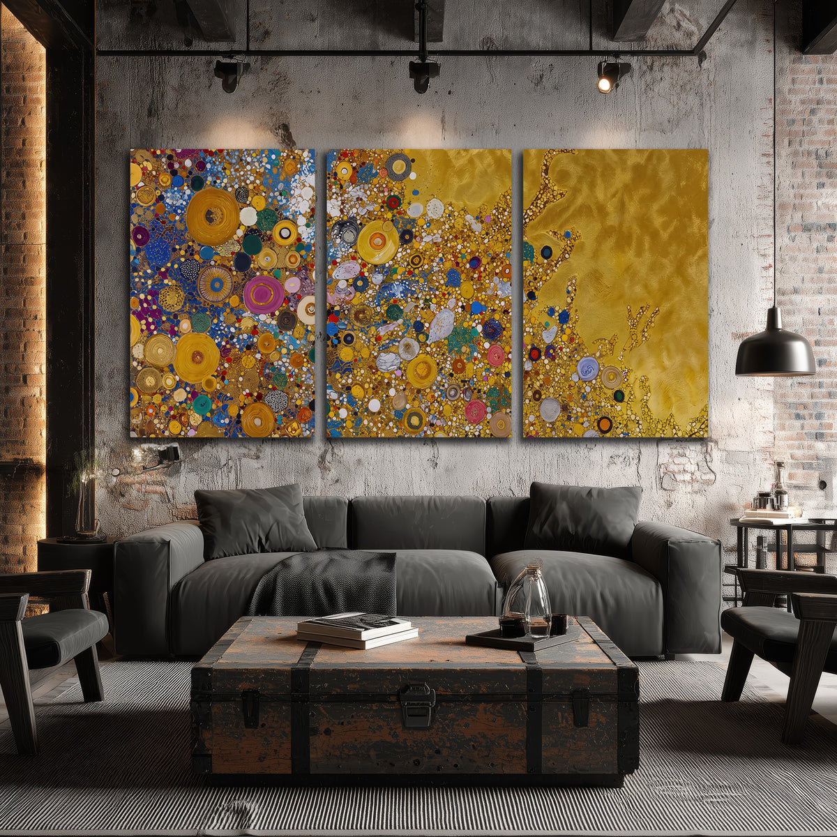 Colorful circular floral motifs against a rich gold-colored field 3 piece canvas wall art displayed in a industrial room