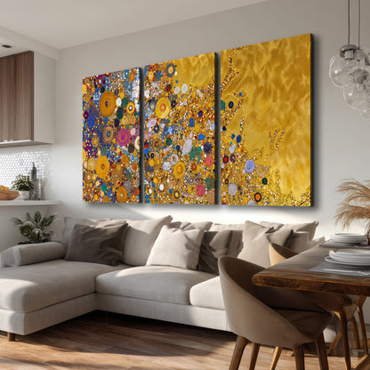 Colorful circular floral motifs against a rich gold-colored field 3 piece canvas wall art room and product view