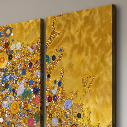 Colorful circular floral motifs against a rich gold-colored field 3 piece canvas wall art room and product view
