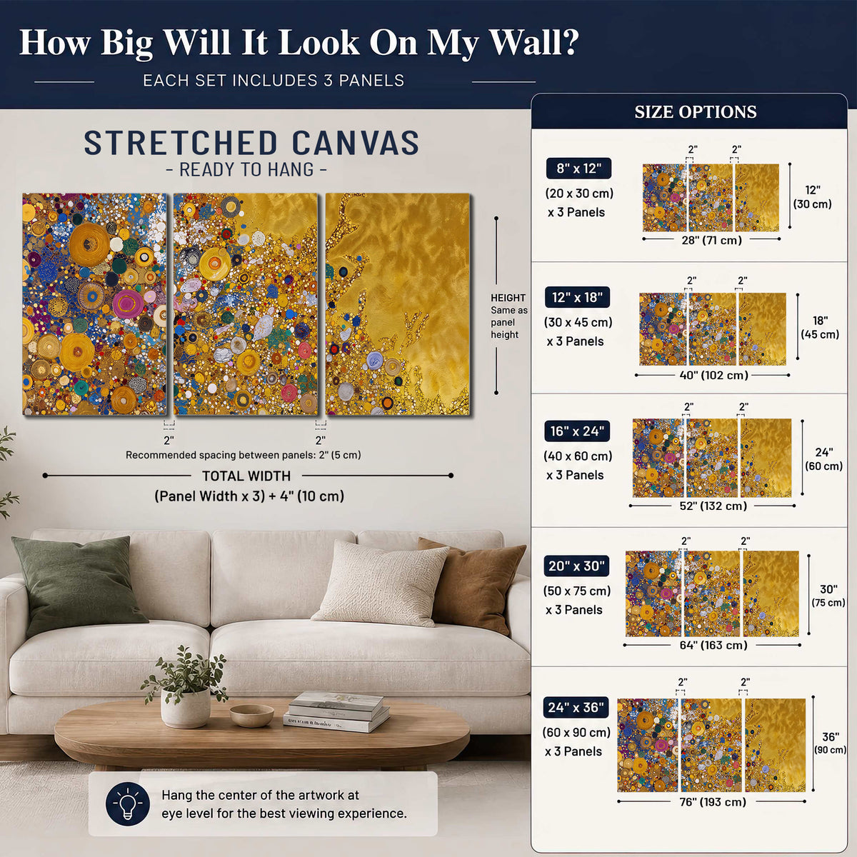Colorful circular floral motifs against a rich gold-colored field 3 piece canvas wall art size guide above a sofa; room view is illustrative