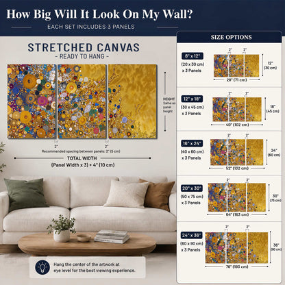 Colorful circular floral motifs against a rich gold-colored field 3 piece canvas wall art size guide above a sofa; room view is illustrative