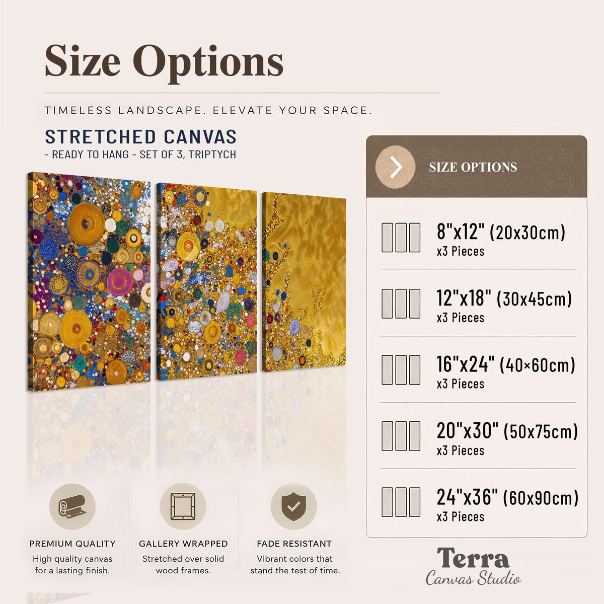 Colorful circular floral motifs against a rich gold-colored field 3 piece canvas wall art available dimensions; triptych dimensions are per panel