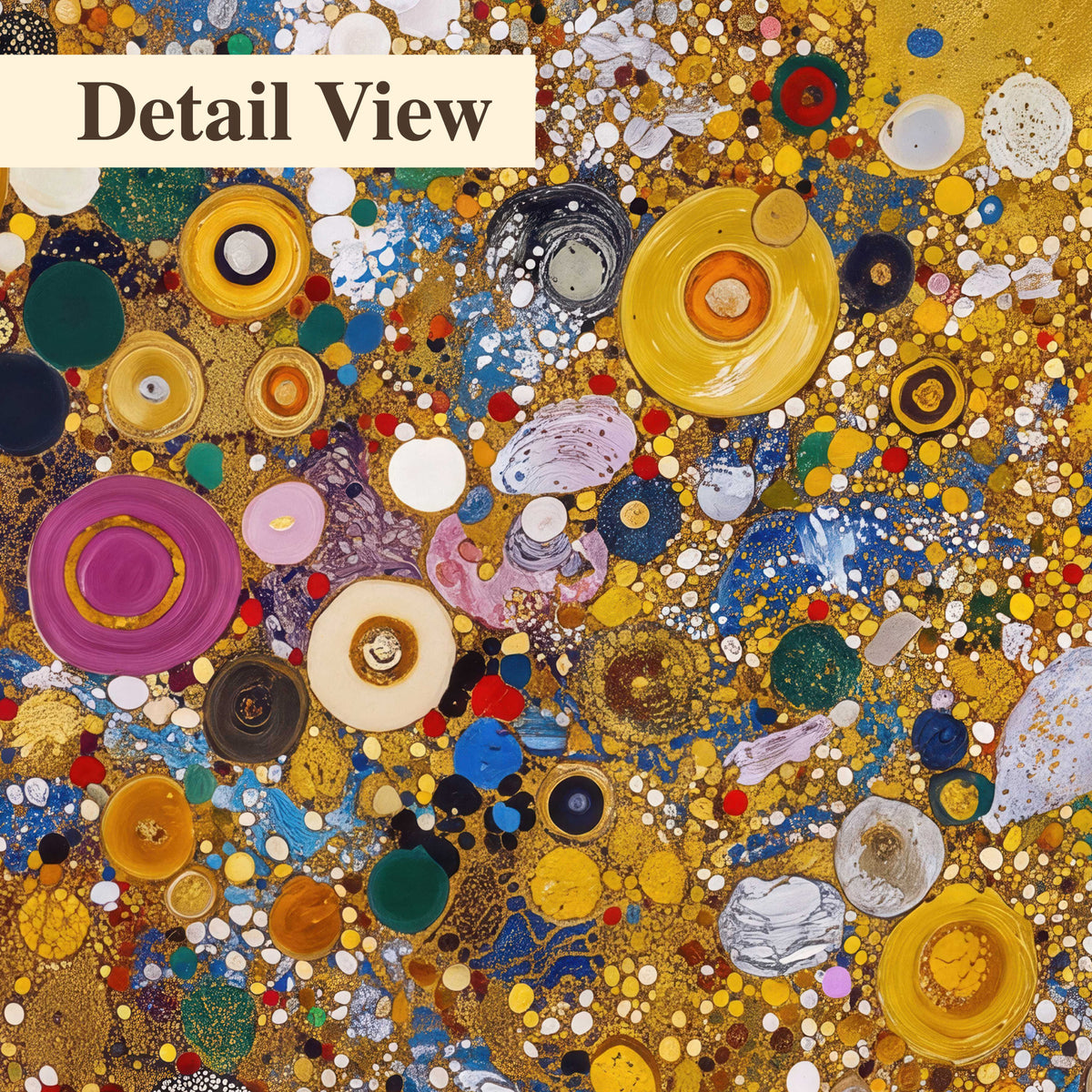 Colorful circular floral motifs against a rich gold-colored field 3 piece canvas wall art artwork detail close up