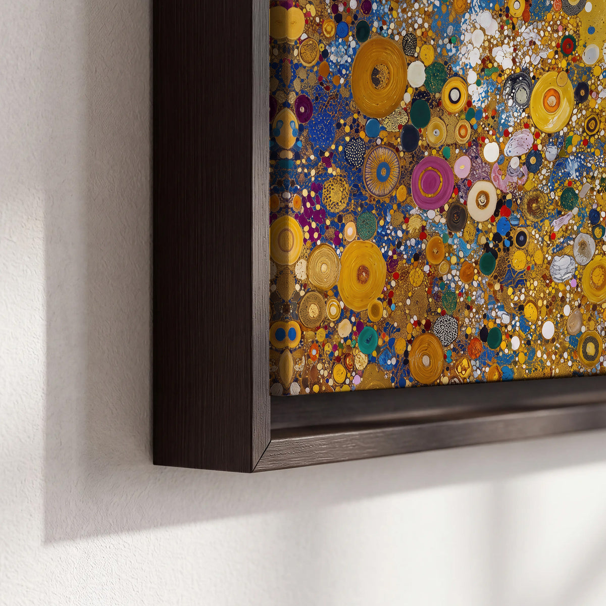 Colorful circular floral motifs against a rich gold-colored field 3 piece framed canvas wall art material and edge close up