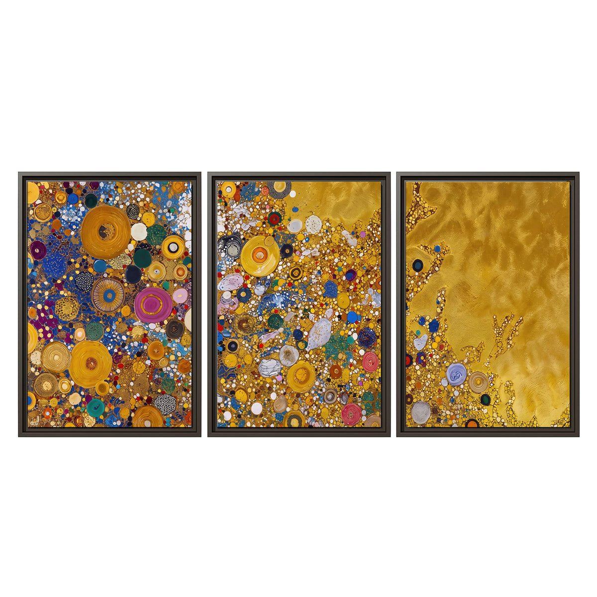 Colorful circular floral motifs against a rich gold-colored field 3 piece framed canvas wall art viewed straight on