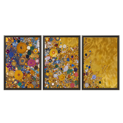 Colorful circular floral motifs against a rich gold-colored field 3 piece framed canvas wall art viewed straight on