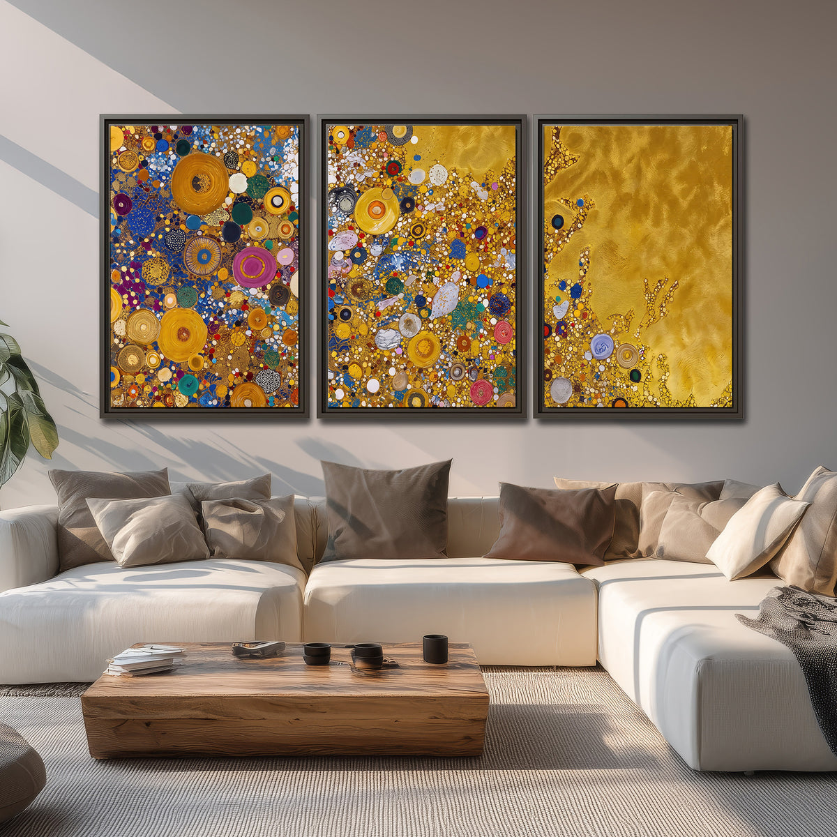 Colorful circular floral motifs against a rich gold-colored field 3 piece framed canvas wall art displayed in a living room