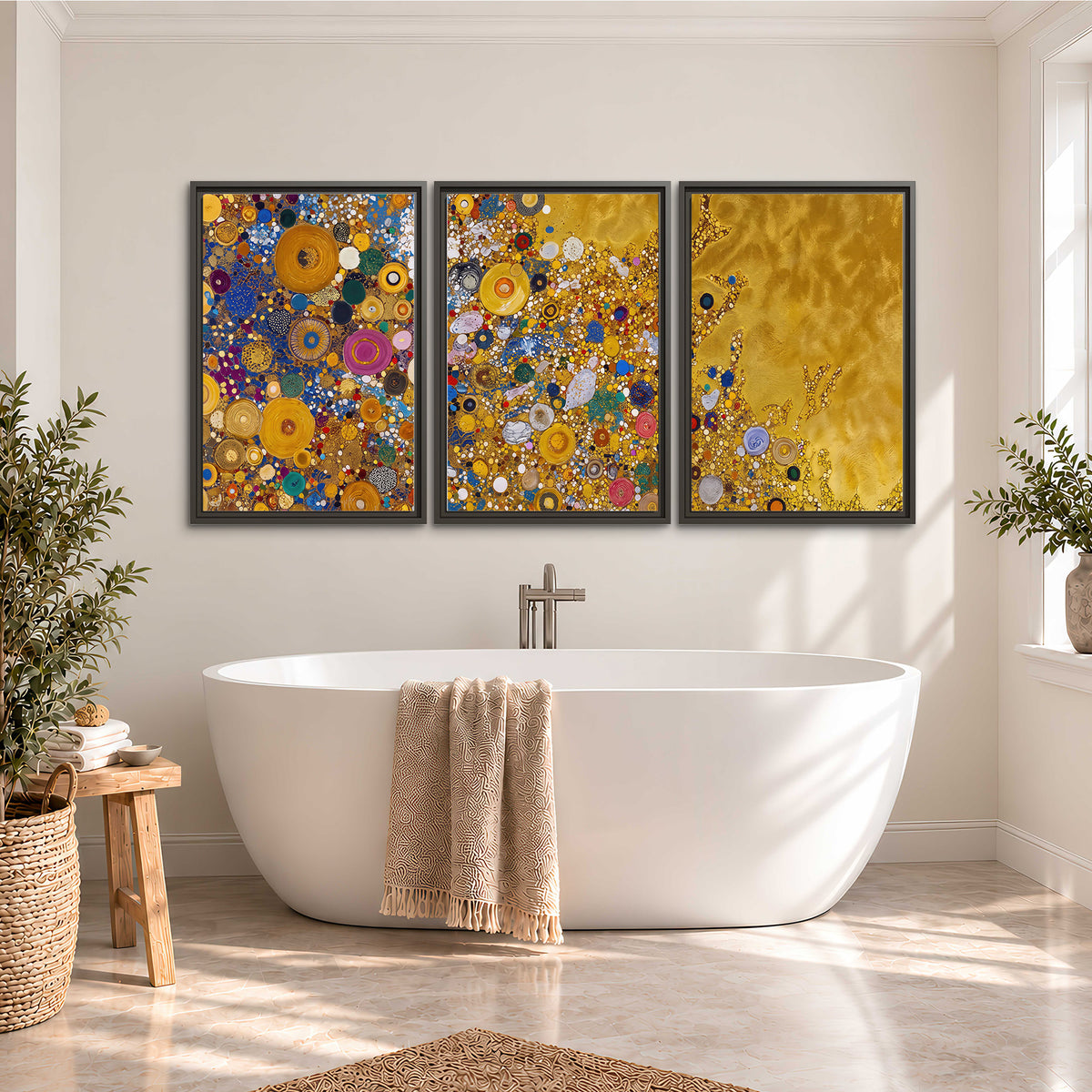Colorful circular floral motifs against a rich gold-colored field 3 piece framed canvas wall art styled in an interior