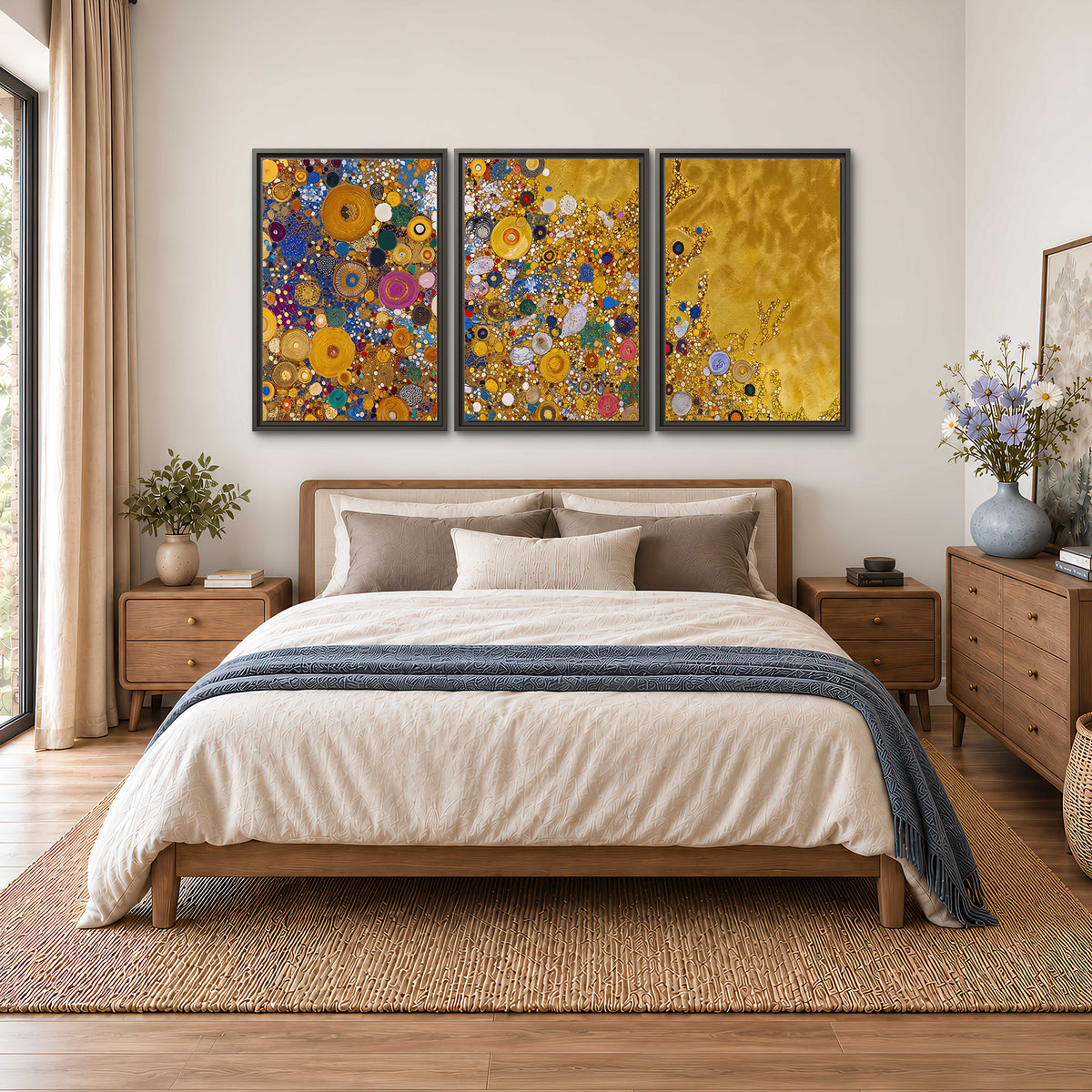 Colorful circular floral motifs against a rich gold-colored field 3 piece framed canvas wall art styled in an interior