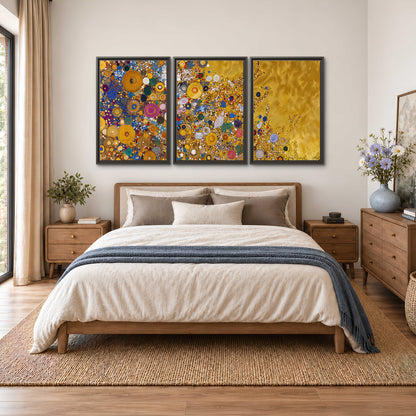 Colorful circular floral motifs against a rich gold-colored field 3 piece framed canvas wall art styled in an interior