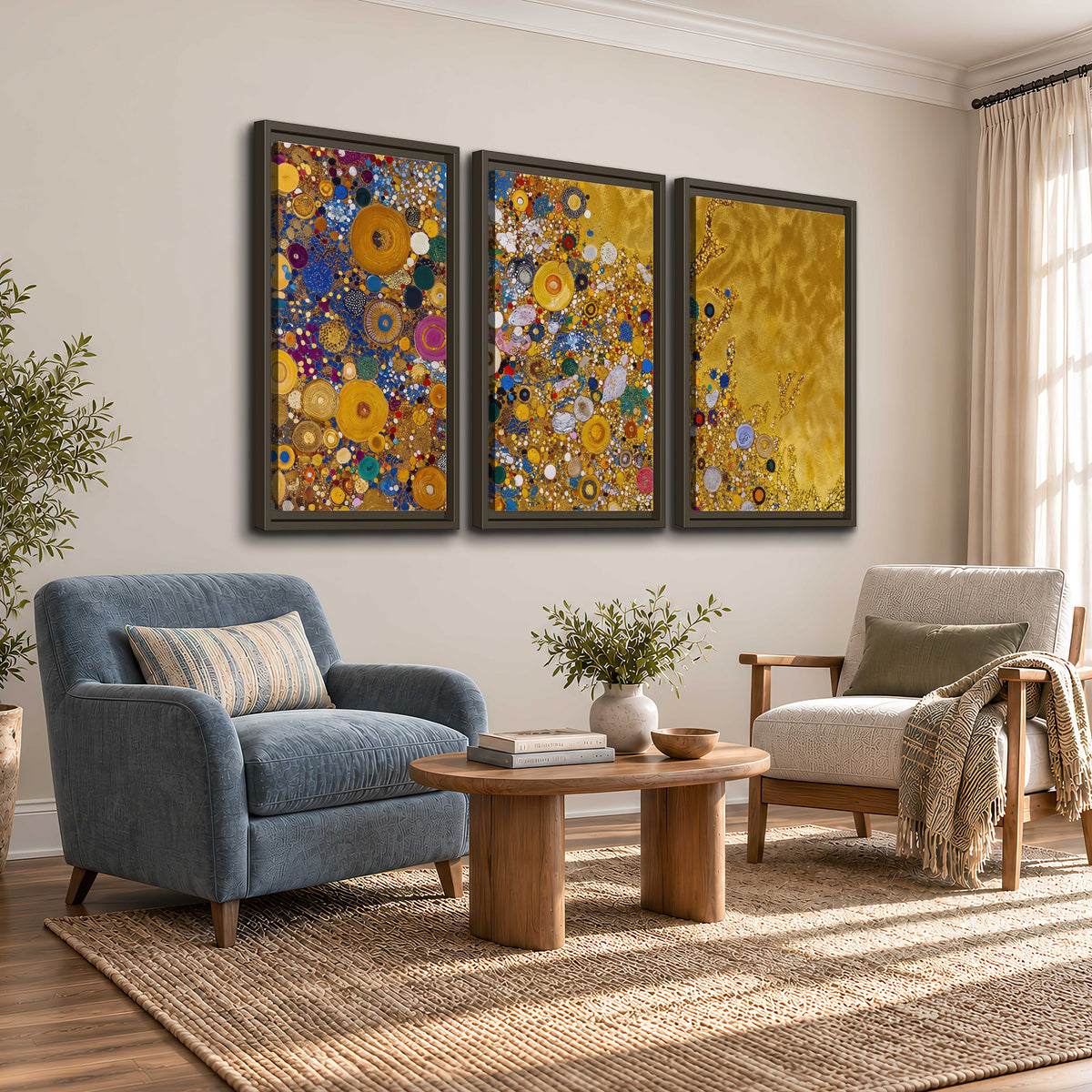 Colorful circular floral motifs against a rich gold-colored field 3 piece framed canvas wall art styled in an interior