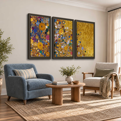 Colorful circular floral motifs against a rich gold-colored field 3 piece framed canvas wall art styled in an interior