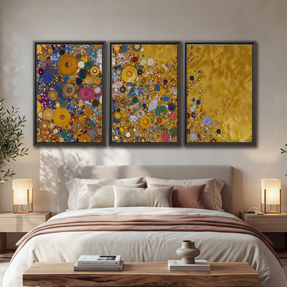 Colorful circular floral motifs against a rich gold-colored field 3 piece framed canvas wall art displayed in a bedroom